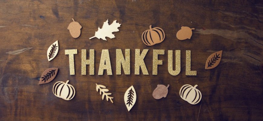 Thankful spelled out surrounded by leaves and pumpkin cut outs