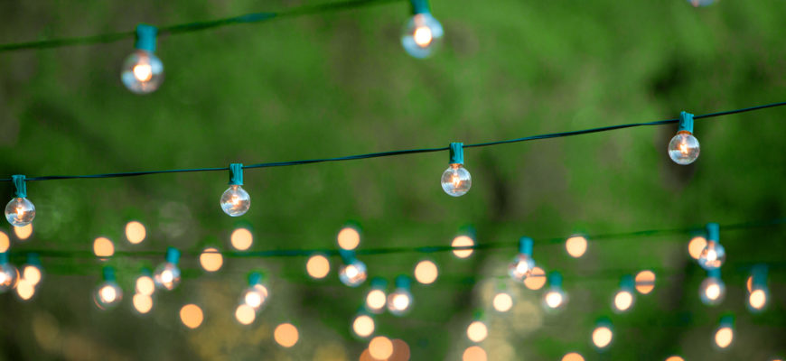 lights hanging on a string over trees