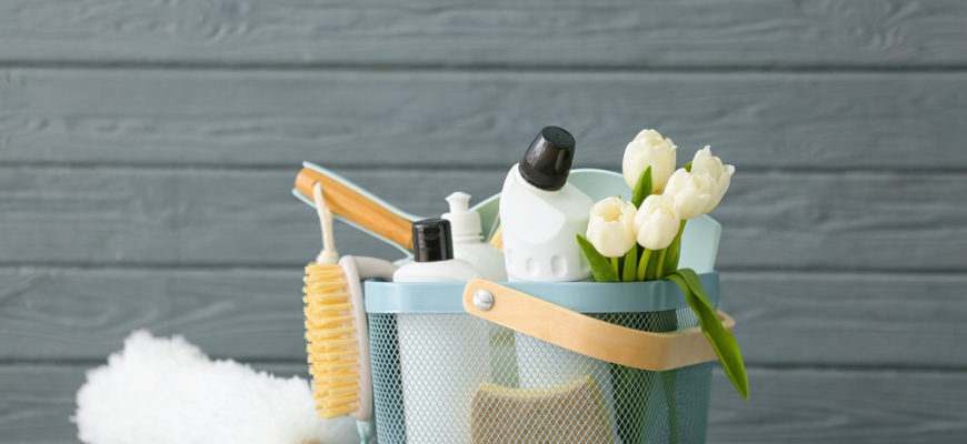 Set,Of,Cleaning,Supplies,And,Spring,Flowers,On,Grey,Wooden