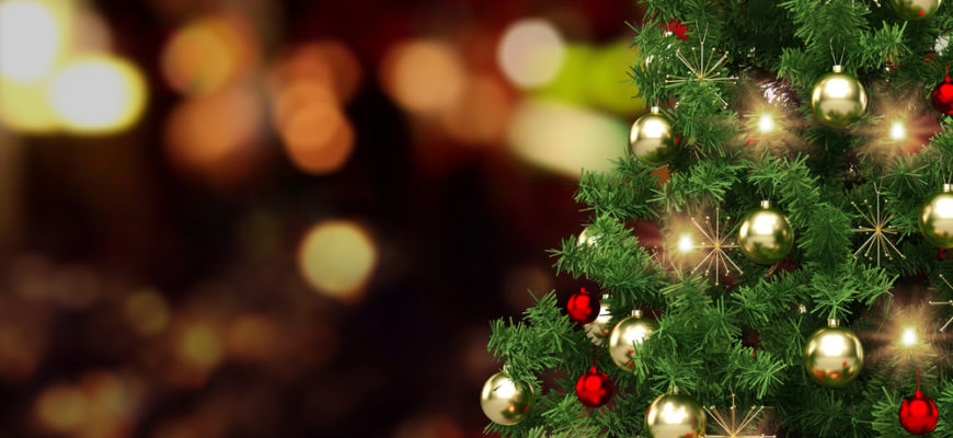 Festively,Decorated,Outdoor,Christmas,Tree,On,Blurred,Sparkling,Fairy,Background.