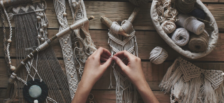 Female,Hobby.,Hands,Weaving,Macrame,On,A,Wooden,Table.,Do